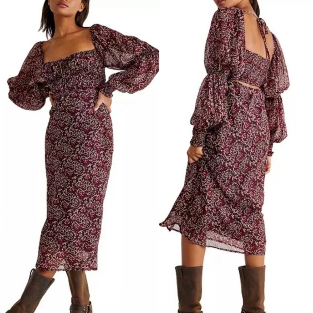 0234 NEW Free People Burgundy Puff Long Sleeve Dress